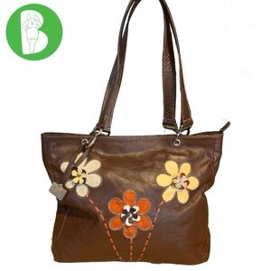 ARTE PIEL BROWN HANDCRAFTED W/APPLIQUE FLOWERS LEATHER TOTE SHOULDER BAG